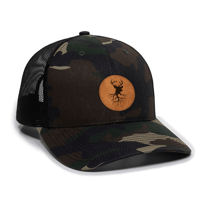 A Justified Journey Deer Roots Logo Trucker Hat- Camo/Black