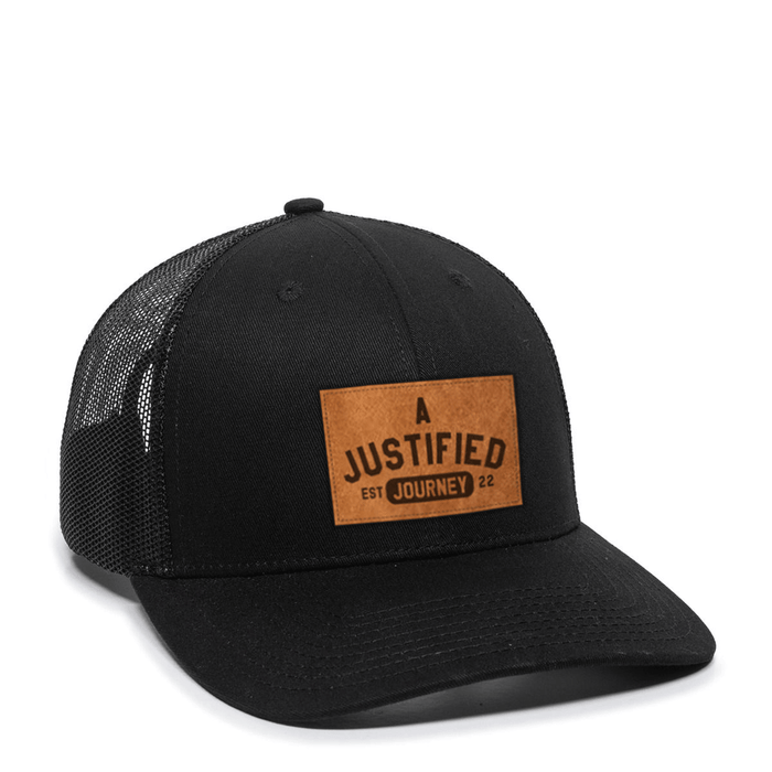A Justified Journey Arched Logo Trucker Hat- Black/Black