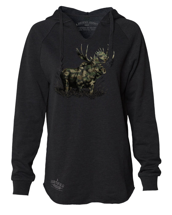 A Justified Journey Ladies Moose Camo Logo Hooded Sweatshirt - BLACK