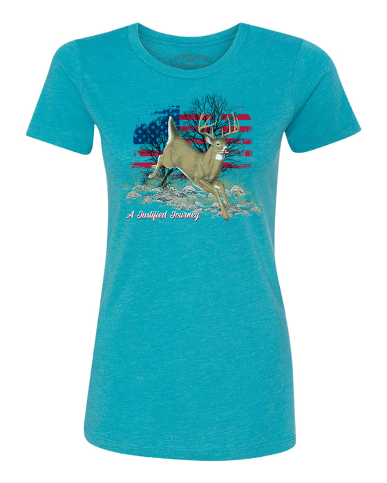 A Justified Journey Ladies Deer Flag Logo T-Shirt - Bondi Blue