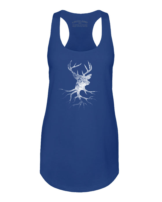 A Justified Journey Ladies Deer Roots Logo Tank Top - Royal