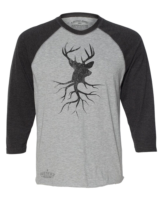 Deer Hunting Roots Baseball T-shirt -Heather Grey and Smoke