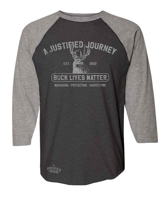 A Justified Journey Buck Lives Matter Baseball T-shirt -Heather Smoke and Grey