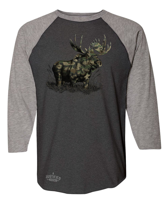 A Justified Journey Camo Moose Baseball T-shirt -Heather Smoke and Grey