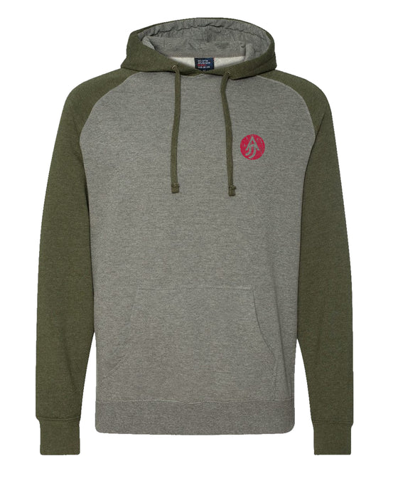 A Justified Journey Deer Flag Logo Raglan Hooded Sweatshirt - Grey Green