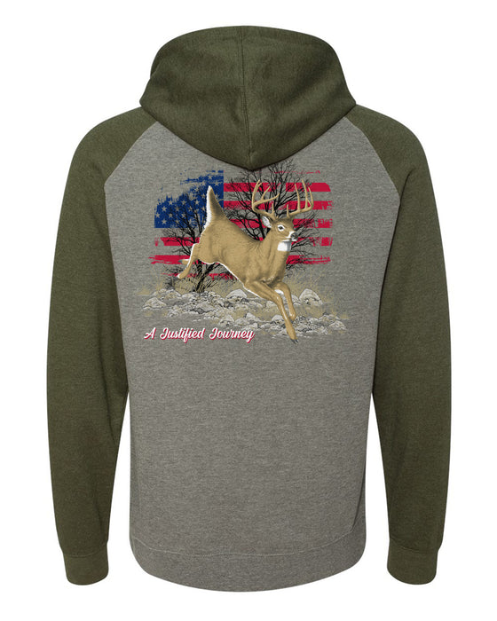 A Justified Journey Deer Flag Logo Raglan Hooded Sweatshirt - Grey Green